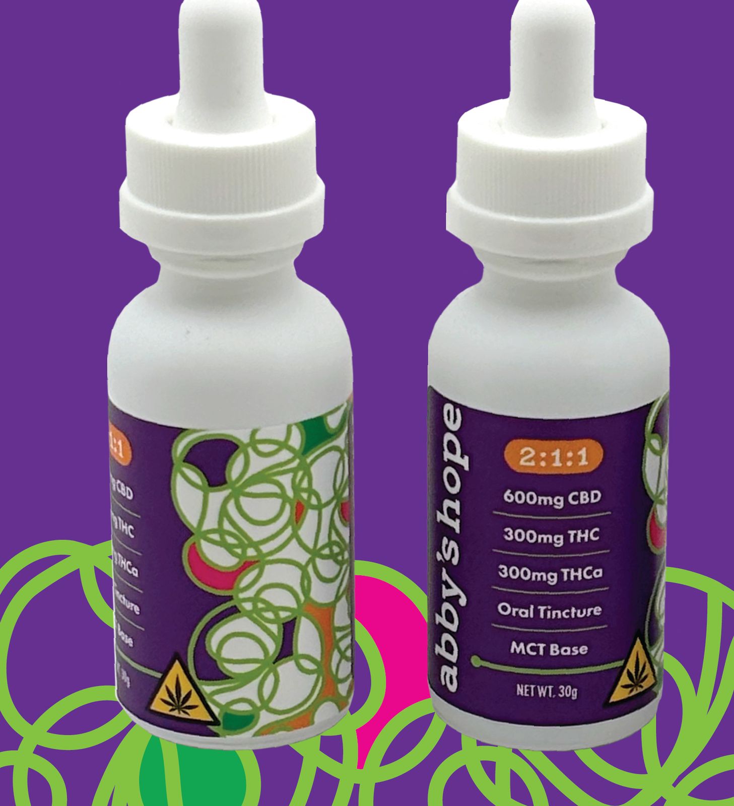Two Abby's Hope tincture bottles, 2:1:1 formula, on a purple background.